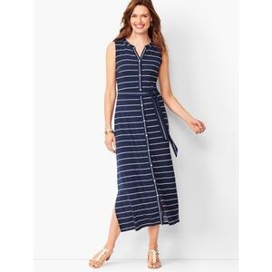 Talbots Navy Button-Front Stripe Jersey Maxi Dress Size Large Petite